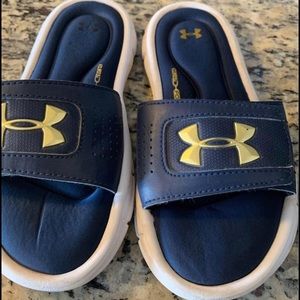 Navy Blue and Gold Under Armour Slides Size Youth 1